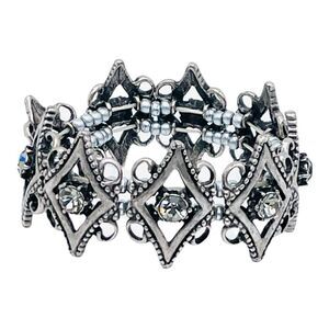 Silvertone Gunmetal Gray Diamond Rhinestone Beaded Stretch Bracelet